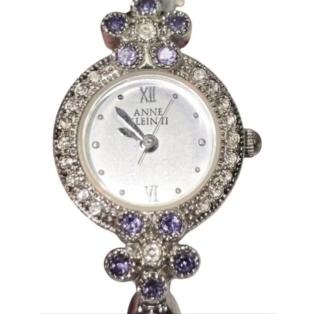 Anne Klein II Silver Tone Crystal Floral Bracelet Watch Purple Accents Dressy